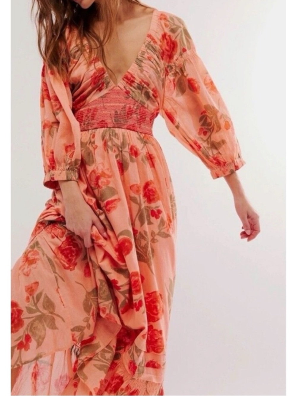 Free People Golden Hour Maxi Dress Peach Floral Spring Goddess Ethereal XS NEW